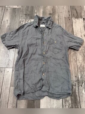 Percival Camp Collar Button Down Cuban Linen Short Sleeve Shirt Gray Small